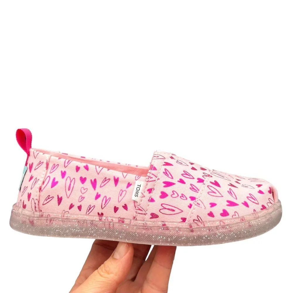 Toms Little Girls Alpargata‎ Shoes Size 13 Pink Heart Print Slip on Lightweight